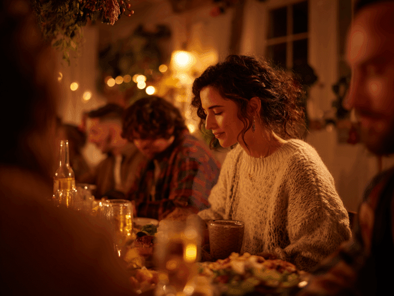 A realistic photo of a diverse group of people sitting together at a holiday dinner table, smiling gently, with one person quietly stepping away toward a quiet corner with a cup of tea—capturing both connection and the importance of mental health boundaries during holiday gatherings.